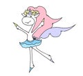 Cute fabulous unicorn isolated on a white background. Unicorns is doing ballet.